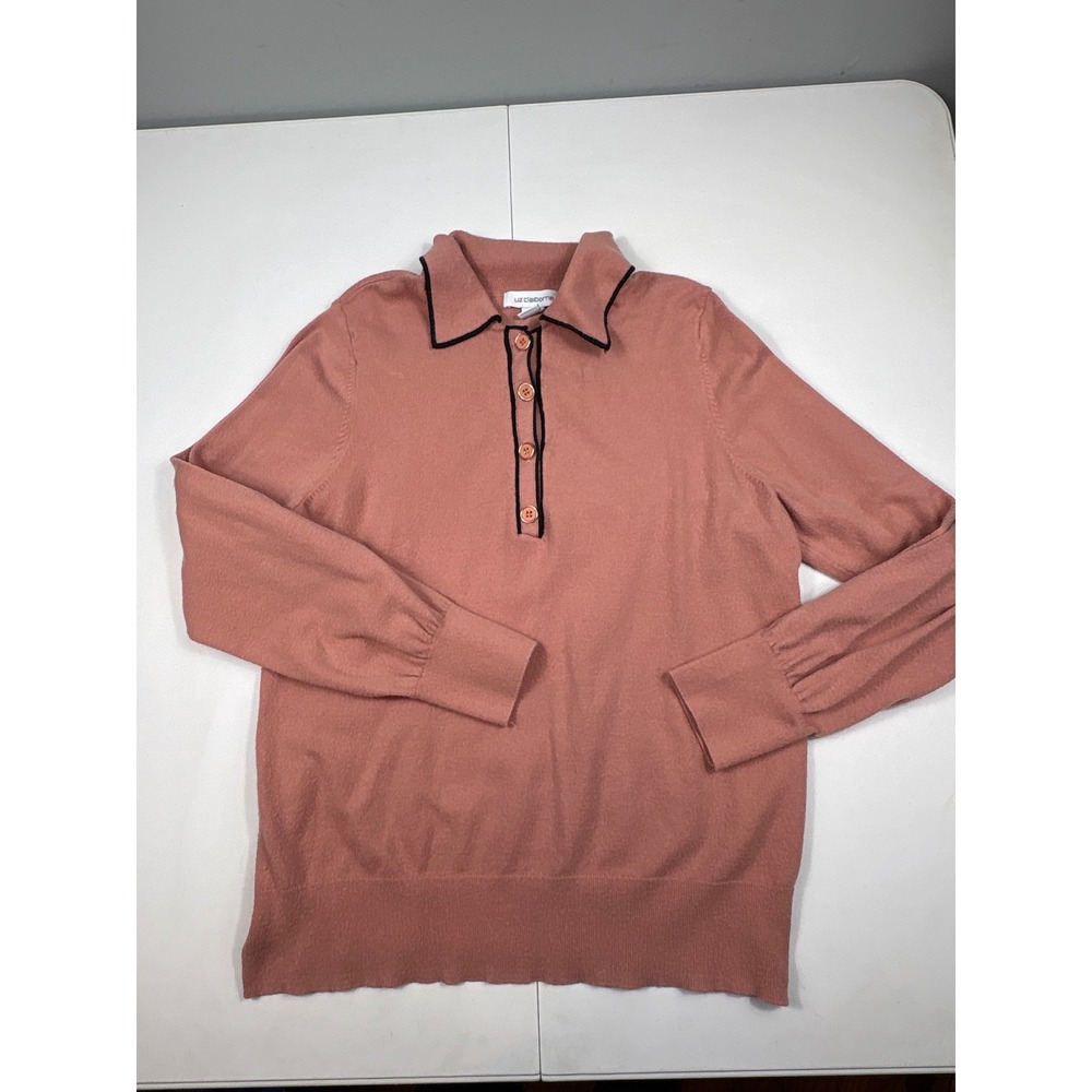 Liz Claiborne Dusty Rose Knit Polo Sweater Womens‎ L Black Trim